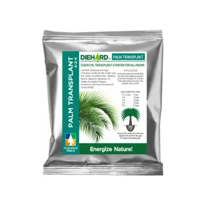 Palm tree transplant product – DIEHARD Palm Transplant applied to root ball to enhance water uptake and mycorrhizal development at planting.