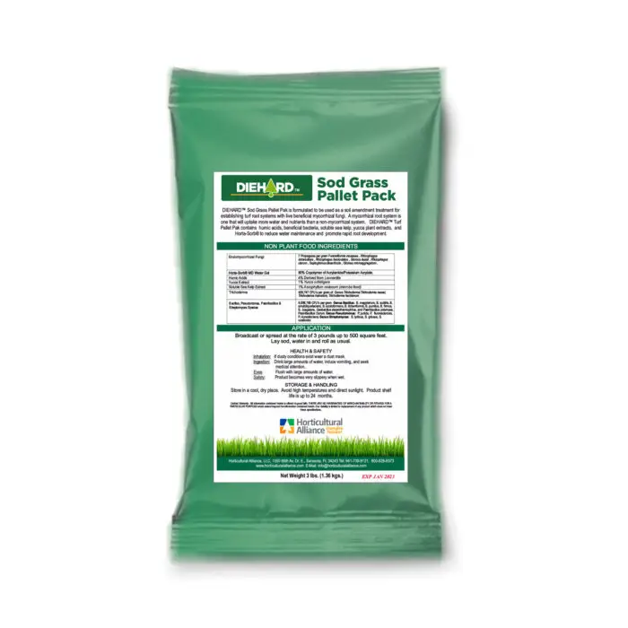 Applying DIEHARD Sod Pallet Pack to turf soil to boost root development, reduce water use, and enhance sod establishment with mycorrhizae.