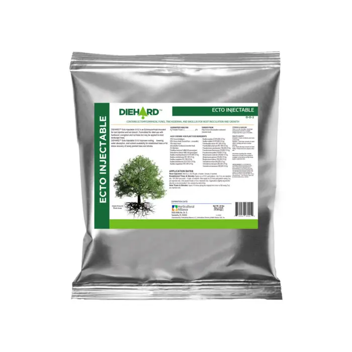 Tree root injection with DIEHARD Ecto Injectable inoculant, enhancing survival, root growth, and stress tolerance in ectomycorrhizal tree species.