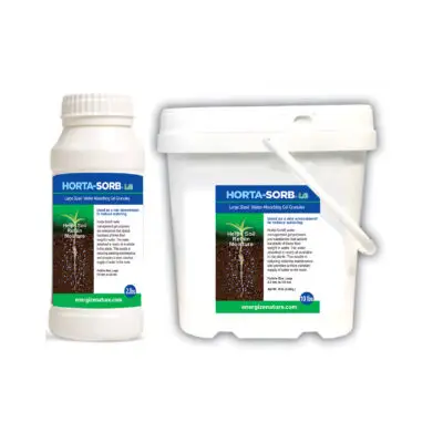 Horta-Sorb LG large granules expand in soil, reducing watering frequency and keeping plant roots consistently hydrated in agriculture and landscaping.