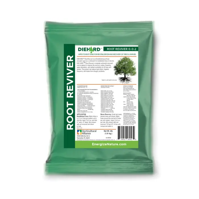 Tree root revitalization product – Vertimulch application of DIEHARD Root Reviver to restore declining trees with mycorrhizal fungi and improved soil health.