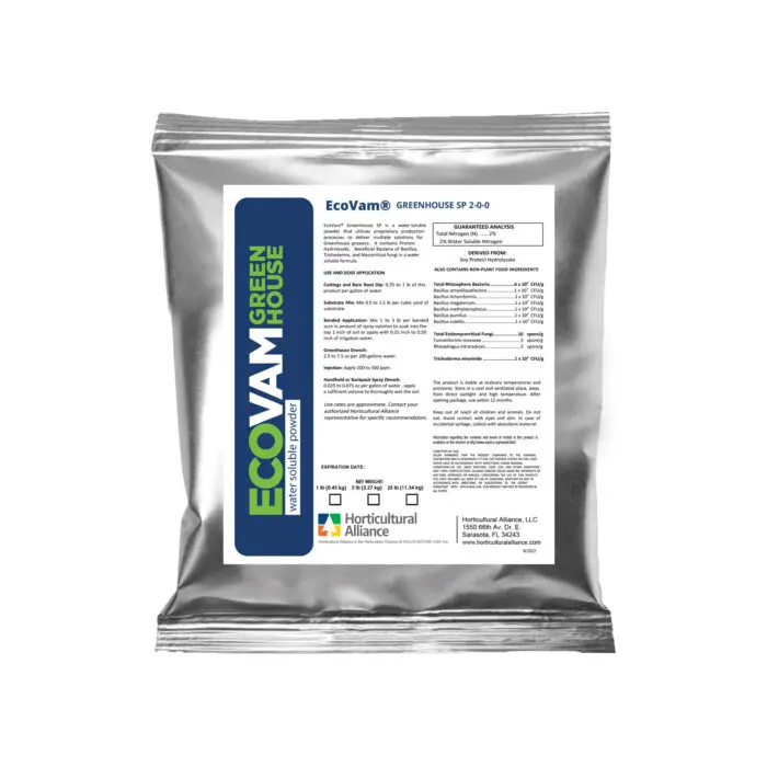 EcoVam Greenhouse powder dissolved for greenhouse drench application to enhance root development and soil biology with beneficial microbes.